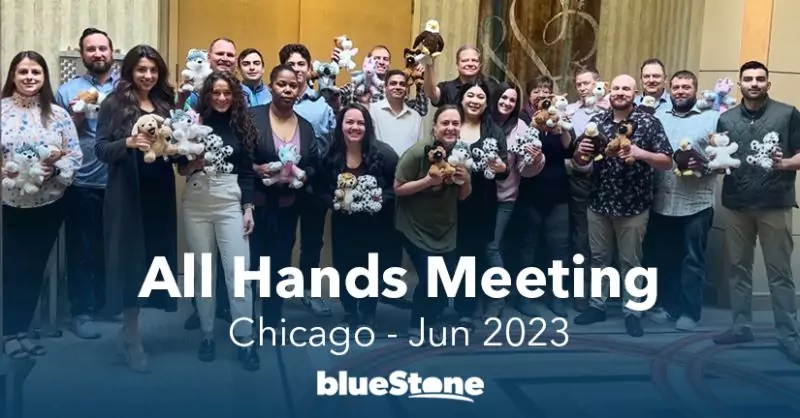 "All Hands Meeting" graphic featuring a group picture of the blueStone team holding stuffed animals that were created for charity, text that reads, "Chicago - Jun 2023", and the blueStone logo