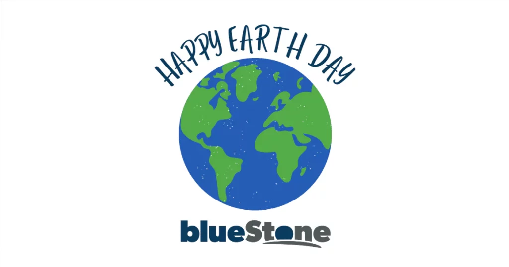 "Happy Earth Day" graphic featuring a cartoon Earth and the blueStone logo